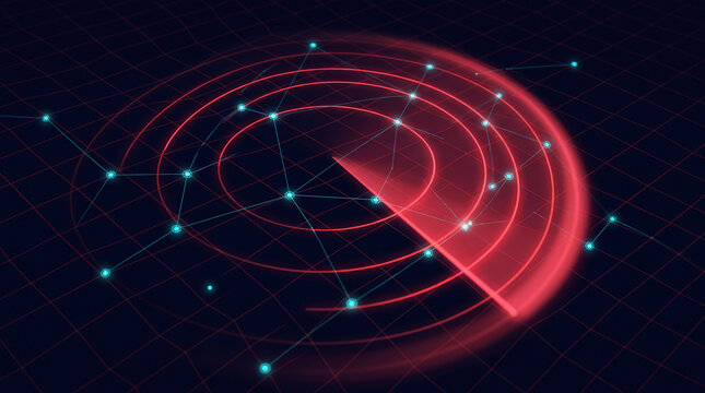 Isometric red radar screen scanning digital network with glowing cyan target dots on dark background representing cyber security sonar detection and military tracking technology system.