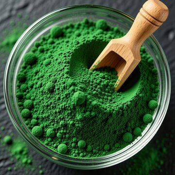 Green spirulina powder sits inside glass bowl with wooden scoop. Superfood extract for healthy diet organic smoothie recipes. Natural algae supplement provides daily nutrition for wellness routine.