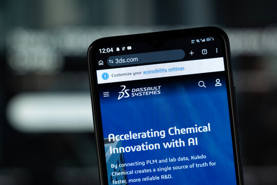 Paris, France - 27 July 2026: Close-up of Dassault Syst&egrave;mes homepage on a smartphone.
