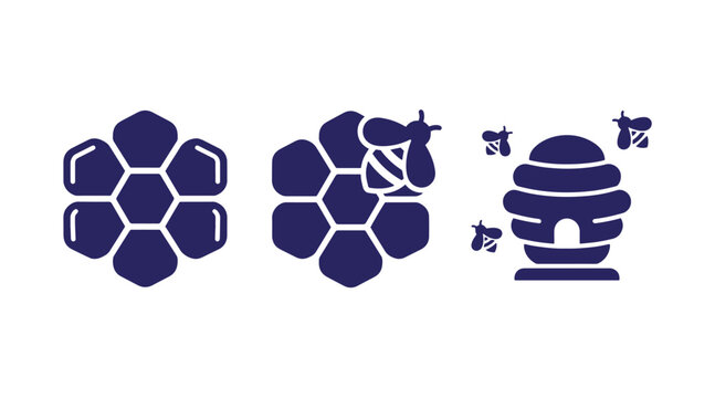 Three beekeeping related icons featuring honeycomb pattern bee on hexagon and skep beehive with flying bees honeycomb beekeeping illustration silhouette agriculture wildlife