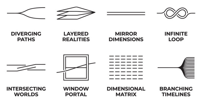 Conceptual graphic representations of diverging paths layered realities and infinite loops.