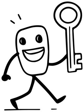 Cheerful cartoon character holding a large key with a friendly smile with depicts simple black character happy face white cartoon illustration