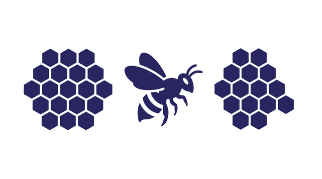 Honey and bee illustration set featuring hexagonal honeycomb and flying honeybee honeycomb beekeeping wildlife insectivore agriculture pollination environment sweetener