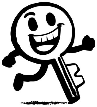 Cheerful key character with classic key shape bow with smiling key person illustration graphic cartoon symbol happy smile black white with icon
