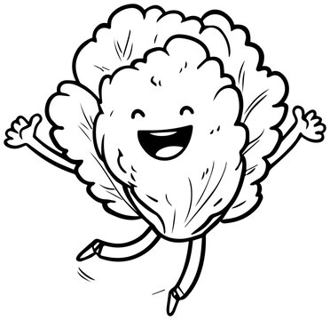 Cheerful lettuce character jumping with joy with cartoon lettuce smiling face jumping air black white line art illustration vegetable playful