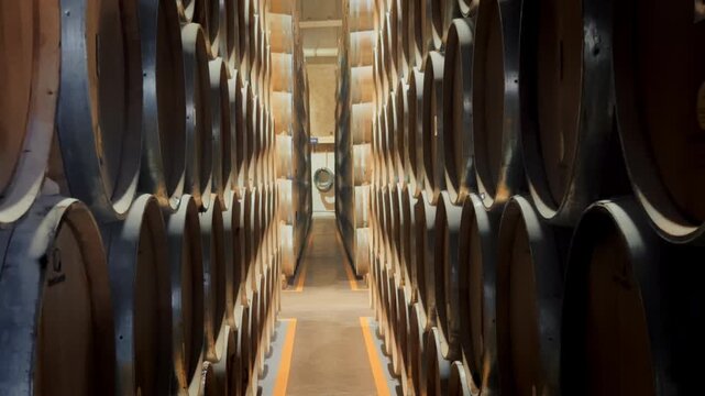Stacked tequila barrels stored inside an industrial aging warehouse with organized barrel towers and numbered storage sections showcasing the maturation process within a traditional tequila distillery