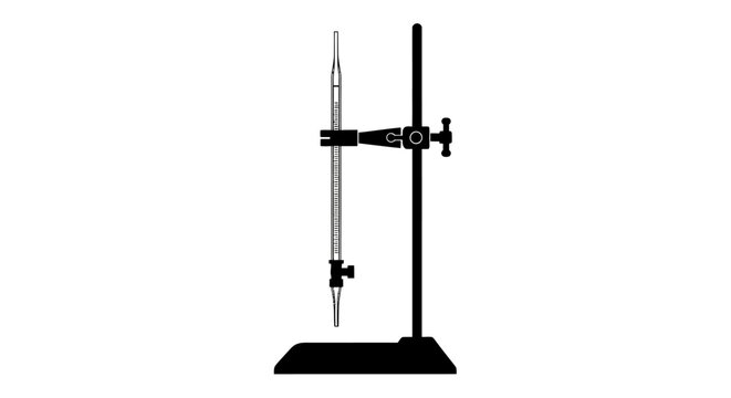 Burette on a laboratory stand with clamp with attached laboratory measurement experiment equipment chemistry apparatus titration research with science