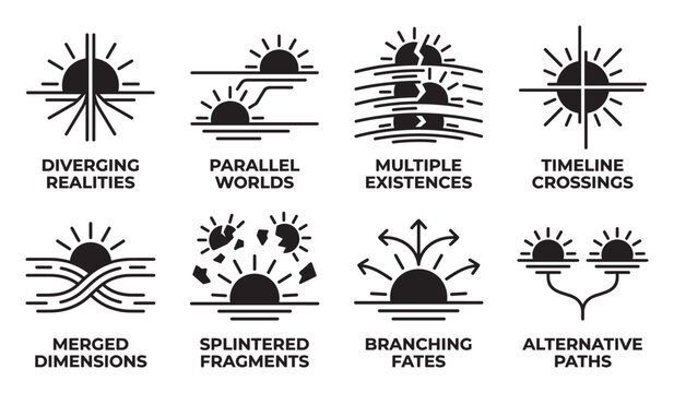 Diverging realities parallel worlds multiple existences timeline crossings alternative paths.