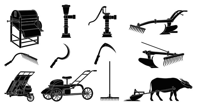 Black silhouettes of vintage garden tools with silhouettes representing various vintage gardening agricultural displays collection black tools white background