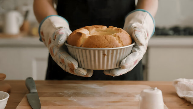 A baker wearing thick oven mitts proudly holds up a freshly baked, golden-brown cake in its round metal pan over a wooden kitchen counter.