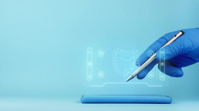 A doctor's hand presents a medical interface on a smartphone. Medical app for the large and small intestine, digestive health diagnosis. Modern medicine. Isolated on a light blue background.