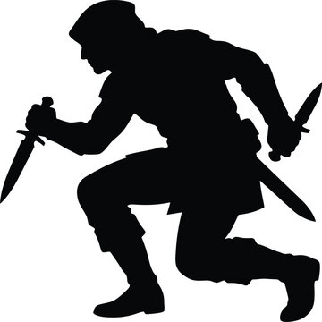 Assassin silhouette crouching with daggers ready to strike in stealth and action pose isolated.