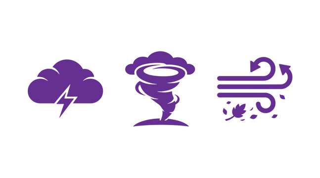 Set of weather icons featuring lightning storm tornado and windy leaves lightning forecast meteorology thunderstorm hurricane isolated electricity illustration interface