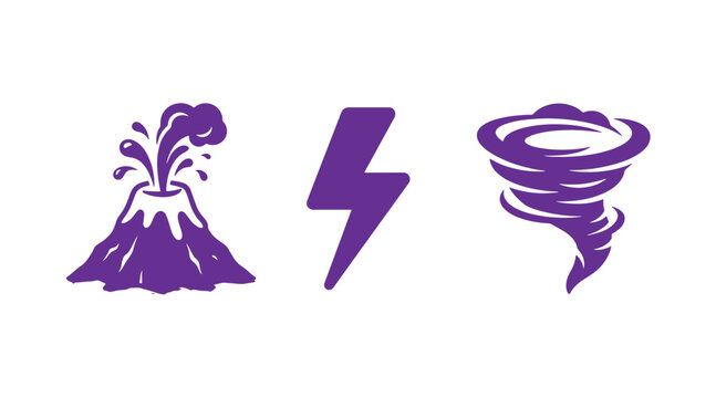 Set of nature disaster icons featuring volcanic eruption lightning and tornado eruption lightning disaster meteorology hurricane isolated catastrophe illustration