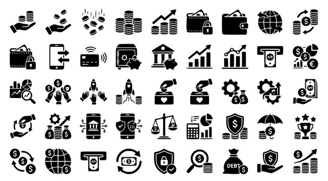 Minimal black finance and money transfer vector icons collection with coin stack savings payment investment and banking symbols isolated on white background