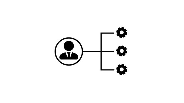 Animated gear with project manager icon on white background. Stakeholders management icon concept. Man people and gear icon. Motion graphics of setting concept with alpha