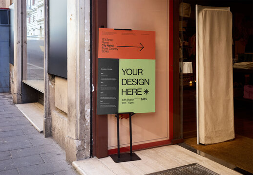 Mockup Of Customizable Vertical Sign Stand Outside Store