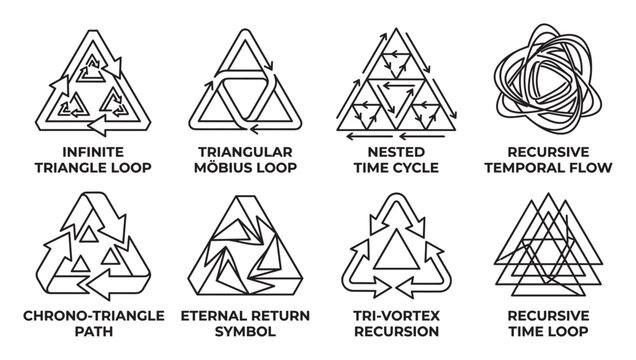 Infinite triangle loop complex geometric shapes with arrows symbolizing time.