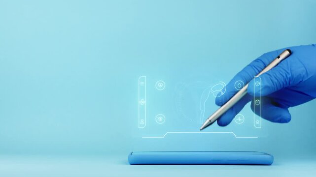 A doctor's hand displays a medical app for the uterus on a smartphone. Gynecological diagnosis and innovation in modern medicine. Isolated on a light blue background.