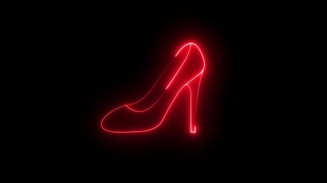 Glowing neon Woman shoe with high heel icon,  heel icon animation on black background. neon outline of elegant high heel shoe glowing on black background .