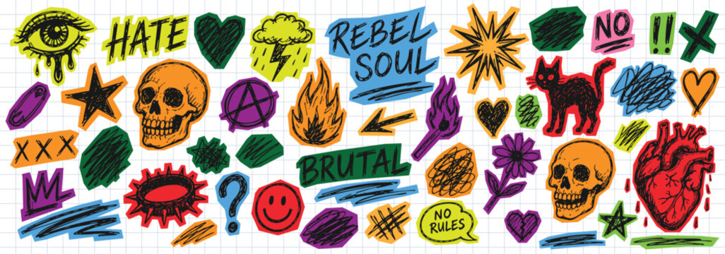A collection of hand-drawn punk rock and emo style doodle stickers on a grid paper background, including skulls, hearts, fire, and rebellious text.