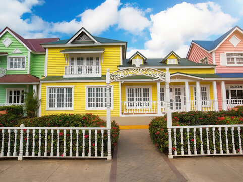 Vibrant Dominican street with colorful Caribbean houses, palm trees, and flowers under a bright blue sky. Ideal for travel, vacation, and tropical themes.