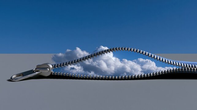 Clean 3D scene of a giant zipper opening a flat grey sky, minimalist conceptual illustration