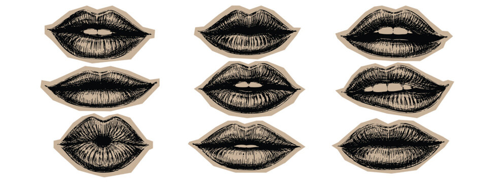 A collection of various hand-drawn artistic lip expressions, including smiling, pouting, and biting lips, rendered in a detailed sketch style on a white background.
