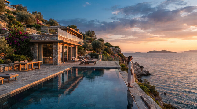 A woman standing by an infinity pool of a Mediterranean stone villa overlooking the sea at sunset