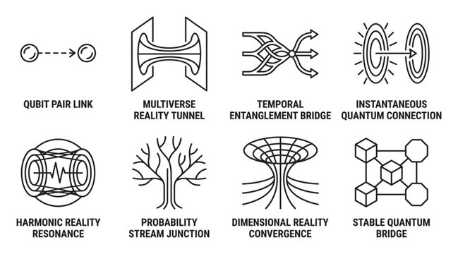 Quantum physics concepts qubit pair link multiverse tunnel temporal entanglement bridge.