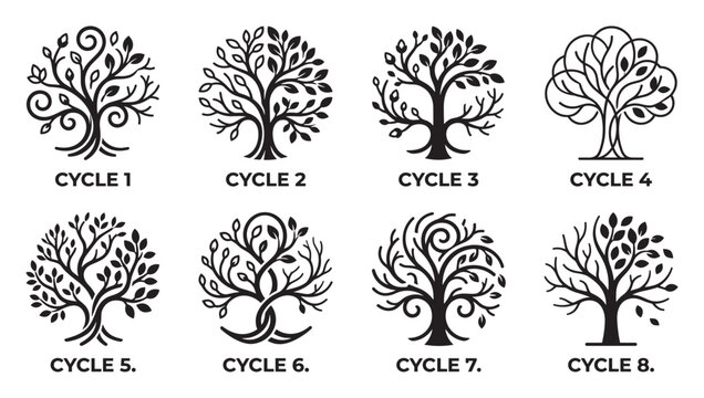 Stylized trees depicting growth cycles and natural progression from seed to maturity.