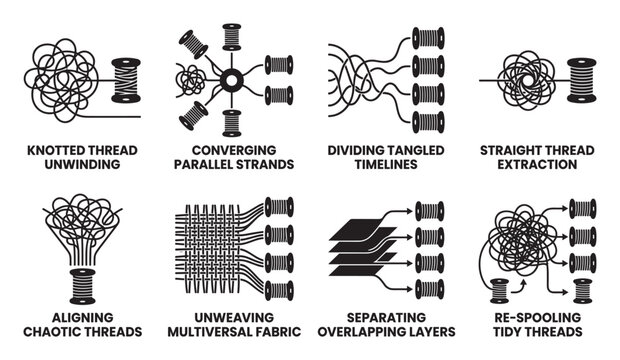 Thread unwinding from spool in chaotic tangled patterns symbolizes timelines.