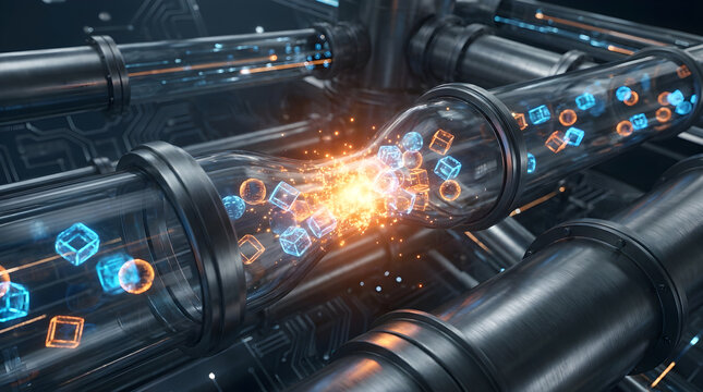 Digital information bottleneck concept with data packets squeezing through restricted pipeline orange light tech background render