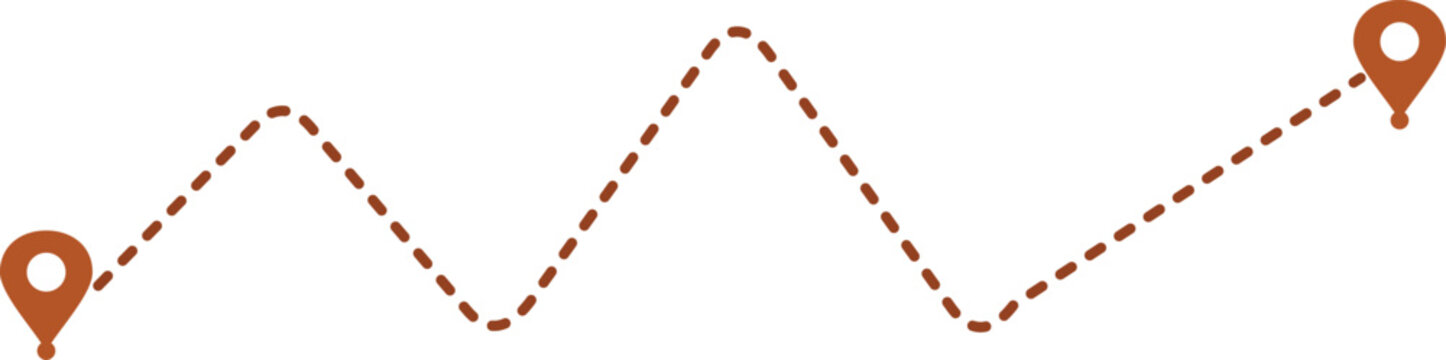 Two location pins connected by a dashed line on a white background representing a journey or route