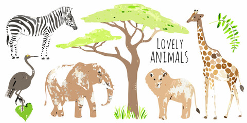 African safari animals illustration watercolor style with white background © Tithi