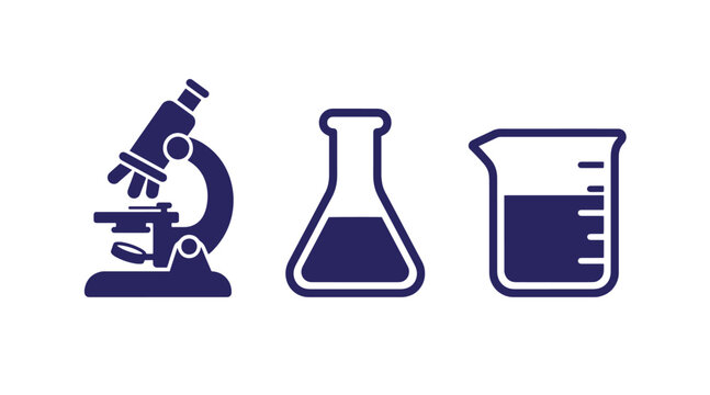 Set of laboratory equipment icons featuring a microscope erlenmeyer flask beaker microscope laboratory chemistry research analysis experiment scientific equipment solution