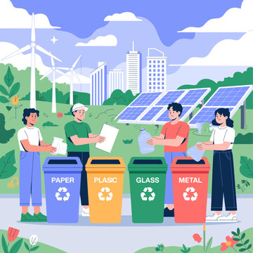 People recycling waste sorting plastic paper glass metal