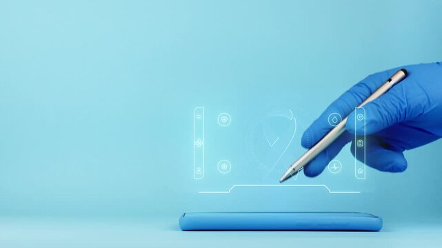 A doctor's hand interacting with the cancer awareness ribbon on a screen. Digital platform for cancer research and early diagnosis. Isolated on a light blue background.