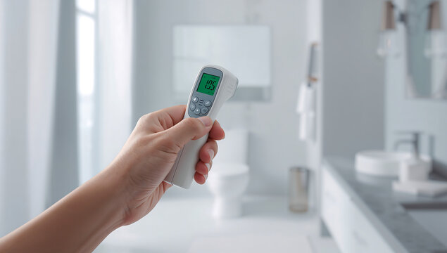 Generative AI shows a person measuring temperature with a digital thermometer in a bright bathroom
