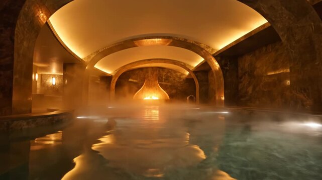 Curved stone arches over steaming underground spa pool with warm amber lighting, thick fog, and fireplace at the end reflecting on water surface in a luxury wellness center.