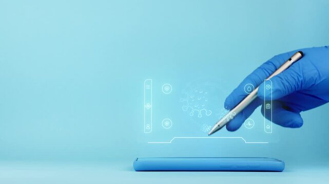 A doctor's hand displays a medical interface on a smartphone. Medical app for virus diagnosis and monitoring of viral diseases. Modern medicine. Isolated.