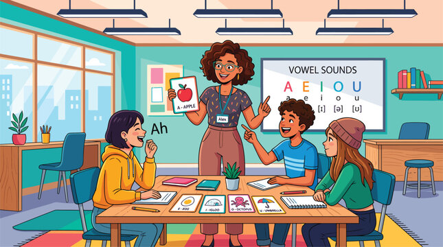 Diverse Elementary School Class Learning Vowel Sounds with Teacher in Bright Classroom Setting