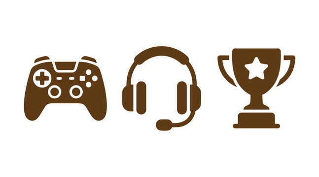 Set of three gaming icons featuring controller headset and award trophy controller videogames competition computer entertainment tournament equipment joystick collection