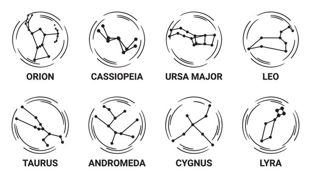 Constellation patterns of stars in night sky circles.