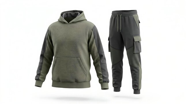 Stylish Mens Olive Green Hoodie and Dark Grey Cargo Joggers Set.
