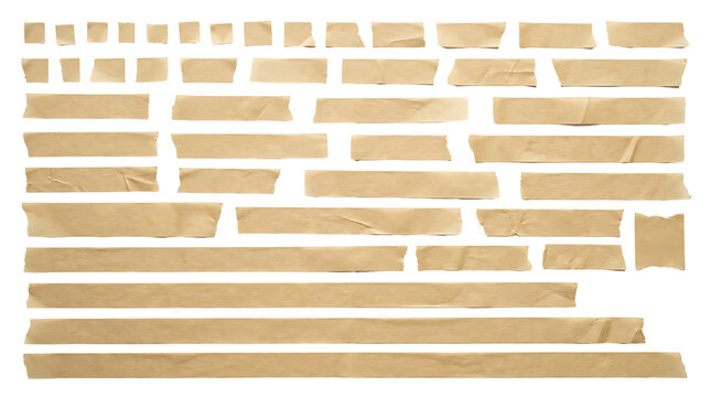 Collection of various adhesive masking tape strips with torn edges isolated on a black background for design