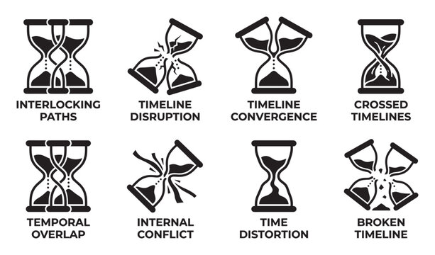 Hourglass icons representing time concepts like disruption convergence distortion and broken timelines.