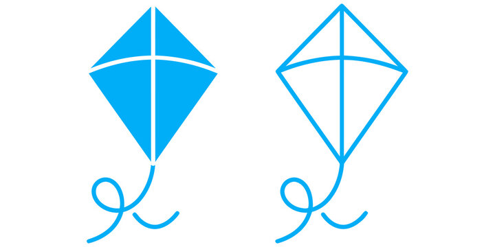 Two blue flat and outline kite icons flying toy graphic elements isolated on transparent background