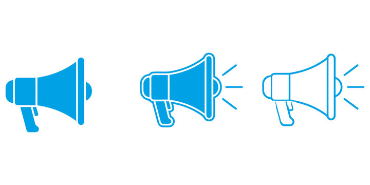 Collection of blue megaphone icons for communication and marketing isolated on transparent background