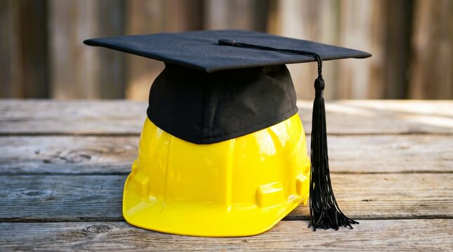 Black mortarboard graduation cap resting securely on top of a bright yellow protective construction hard hat with long tassels